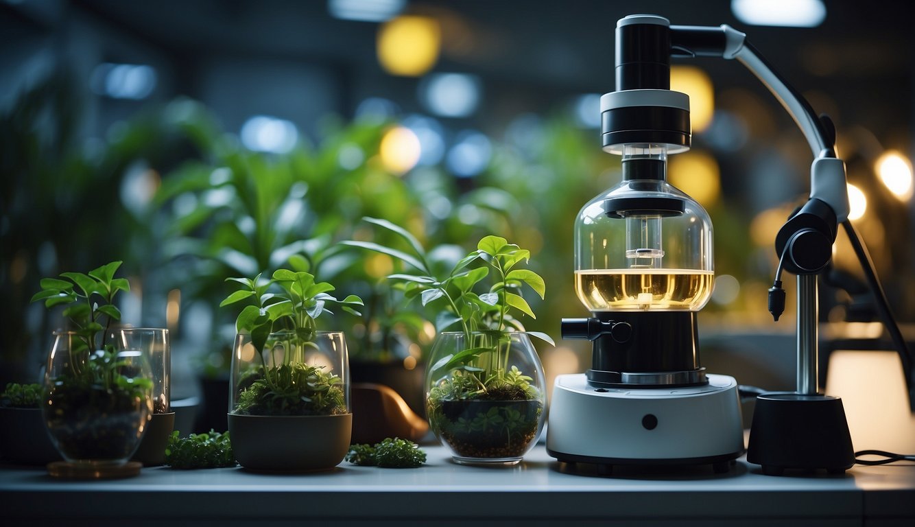 A laboratory setting with futuristic equipment and glowing Guarana plants in the background