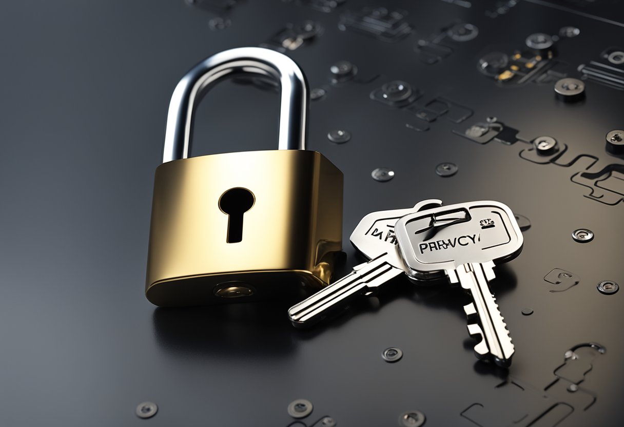 A lock and key symbolizing data privacy, with a question mark hovering above, surrounded by a transparent shield representing VPNs