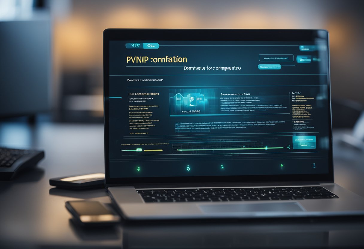 A computer screen displays a VPN configuration interface with options for setting up a domain connection. The interface shows fields for entering domain information and a button to establish the connection