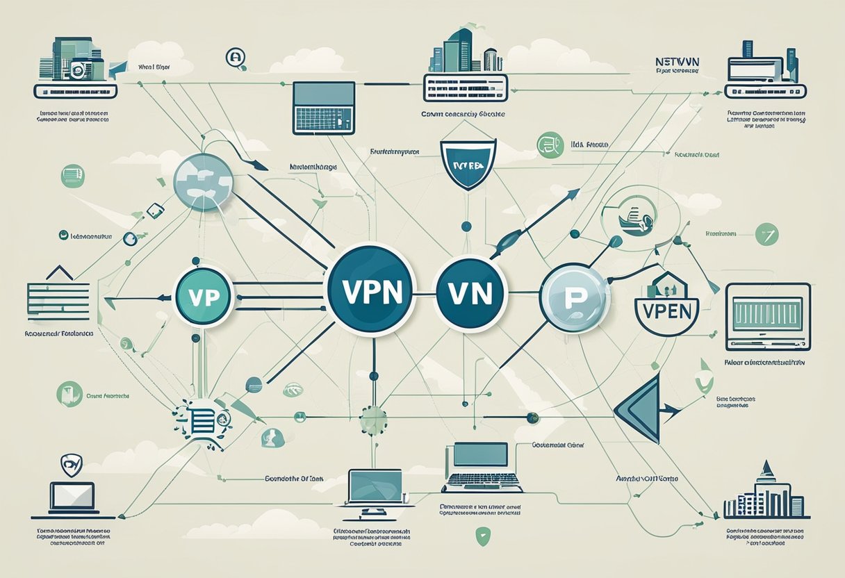 A network diagram showing different types of VPN domains interconnected with labels and arrows