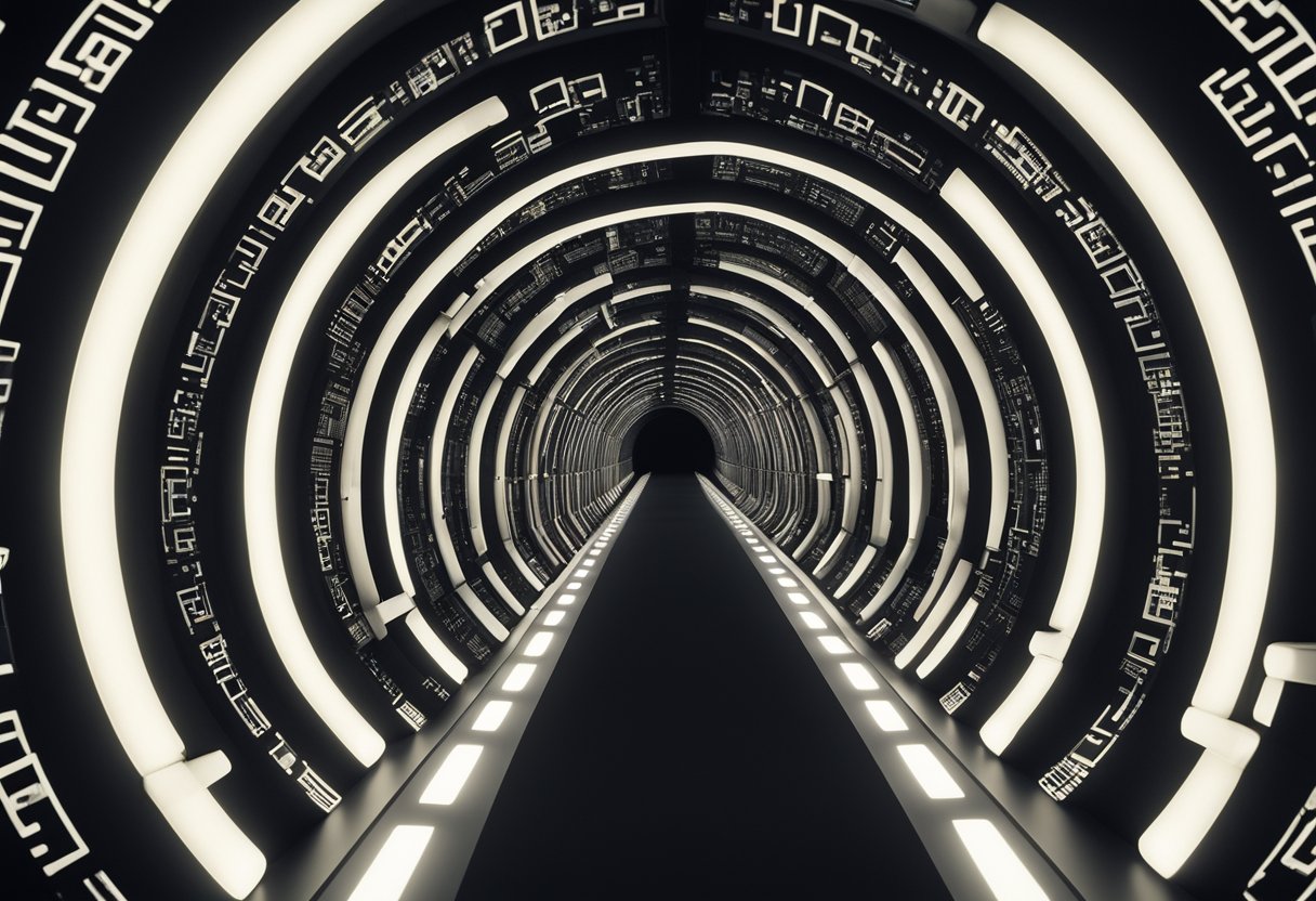 A dark tunnel with glowing symbols and hidden passages, representing the secrecy and security of a VPN's encrypted connections