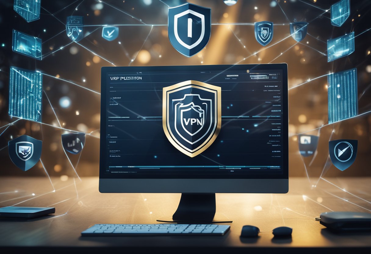 A computer with VPN and MPLS logos facing off in a digital arena, with VPN represented by a shield and MPLS by a sword