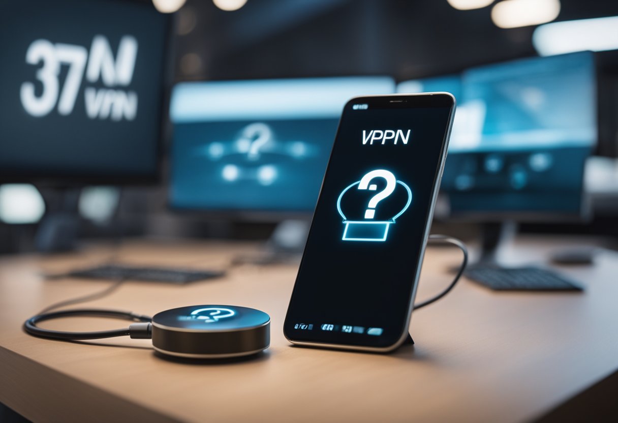 A VPN and MPLS stand side by side, with a question mark hovering between them. The VPN is represented by a lock and key, while the MPLS is depicted as a network of interconnected nodes