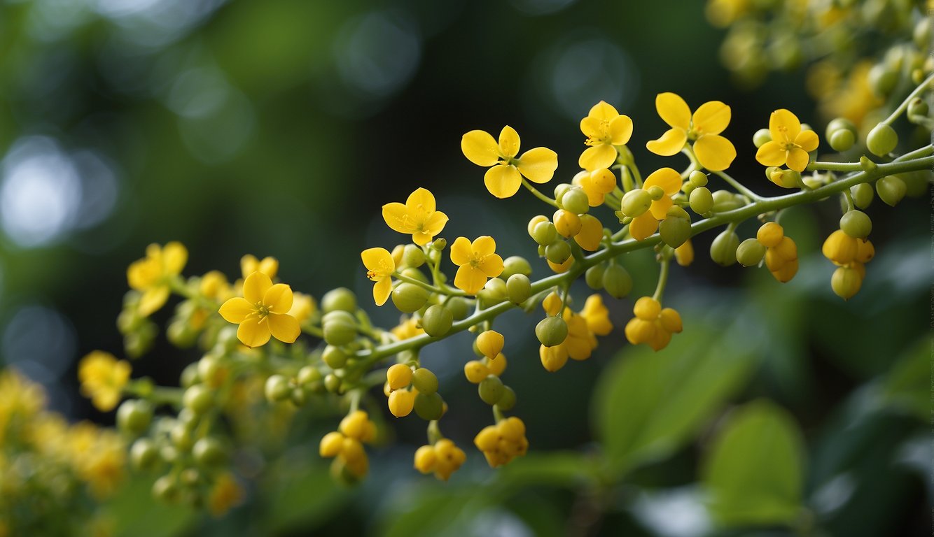 A vine with small, oval leaves and clusters of tiny, yellow-green flowers. The plant is surrounded by a variety of insects and small animals