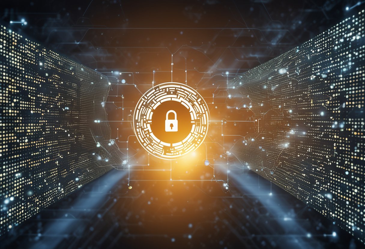 A computer screen displaying the OpenVPN logo with a secure connection icon and data flowing through a tunnel, surrounded by encryption keys and security locks