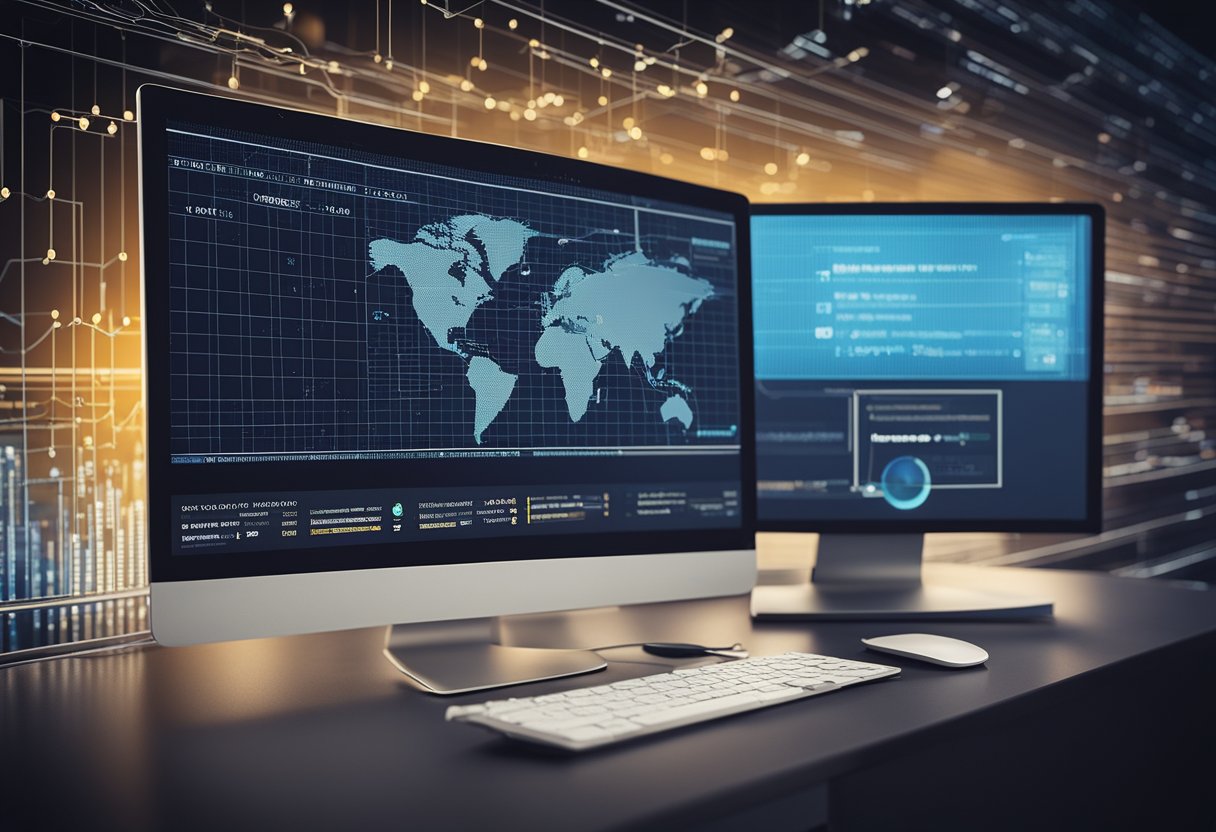 A computer screen displaying the OpenVPN interface with a secure connection and data encryption. A network diagram in the background illustrates the tunneling process