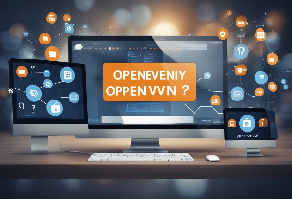 A computer screen displays the OpenVPN logo with the text "Frequently Asked Questions ¿Qué Es OpenVPN y Cómo Funciona OpenVPN?" A secure padlock icon is shown next to the text, indicating security