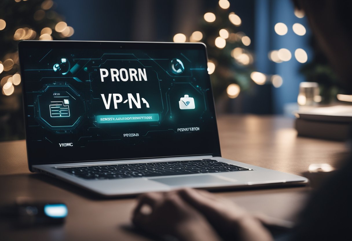 A person discreetly accessing porn using a VPN, surrounded by legal and ethical considerations