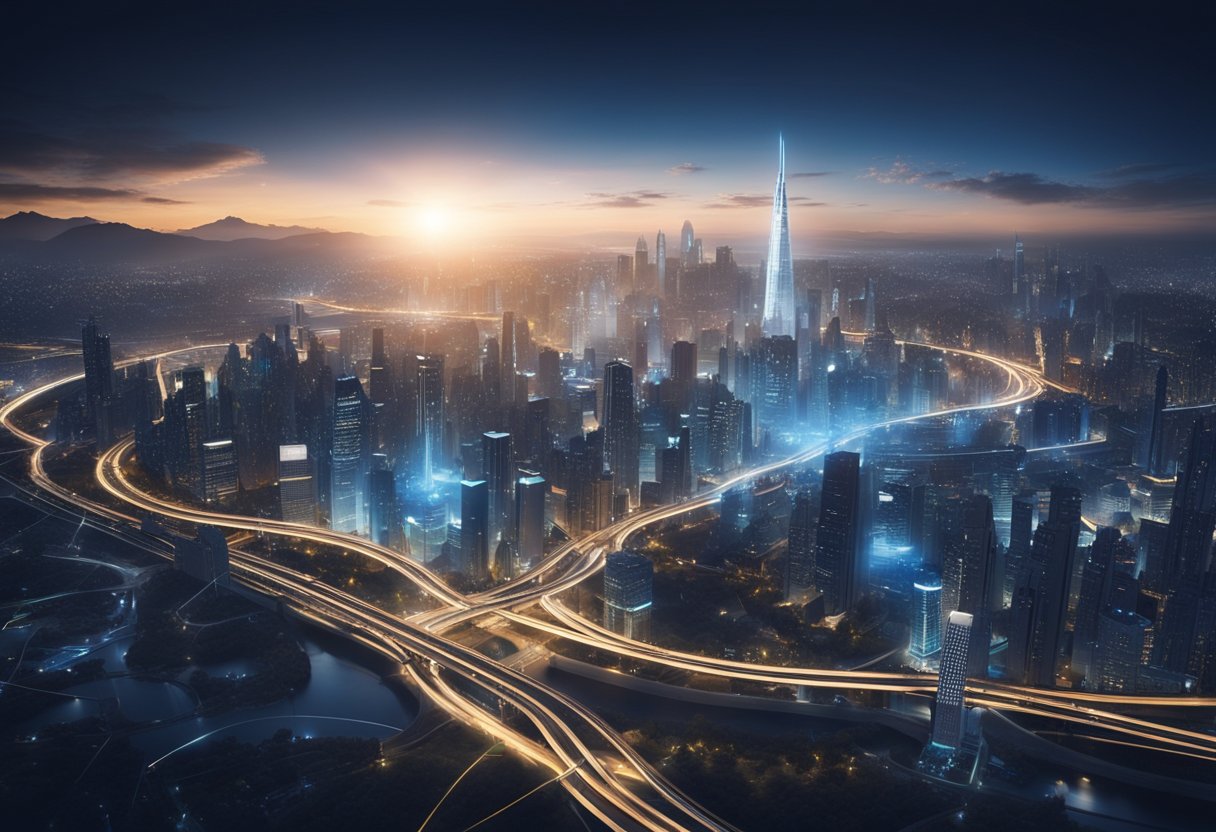 A futuristic city skyline with glowing, interconnected data streams and secure network tunnels