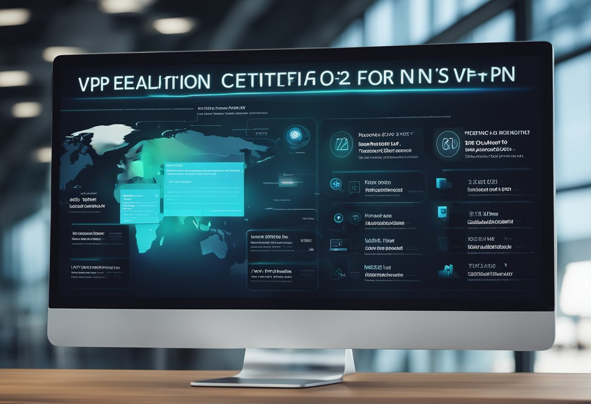 The scene depicts a list of "Evaluation Criteria for VPNs in 2024" alongside the "Top 10 VPNs for 2024." The list is displayed on a digital screen with a sleek and modern design, with bold and vibrant colors