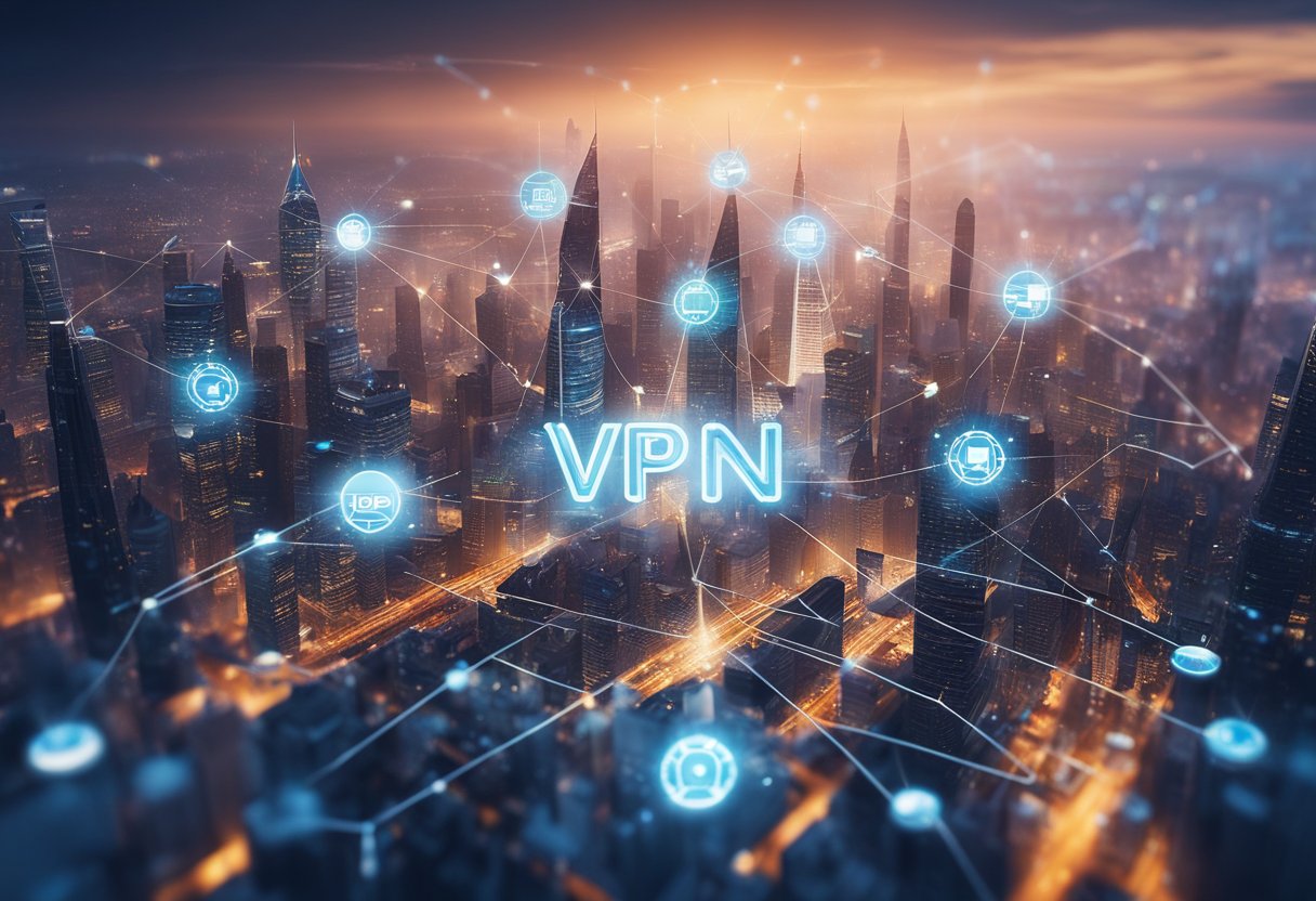 A futuristic cityscape with holographic VPN logos floating in the air, showcasing the top 10 VPNs for 2024. The skyline is filled with advanced technology and sleek, modern buildings