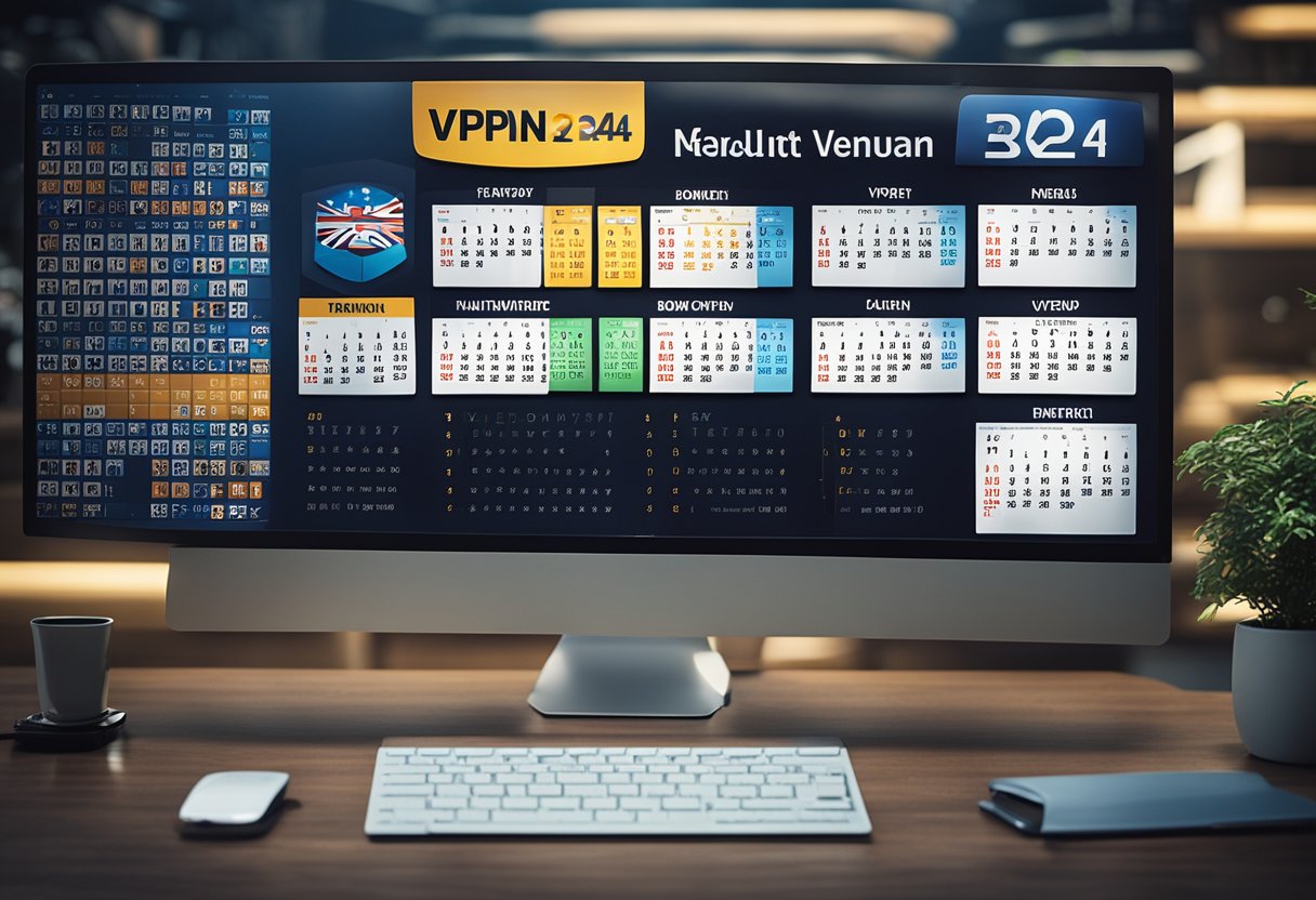 A computer screen displaying various VPN logos with a 2024 calendar in the background