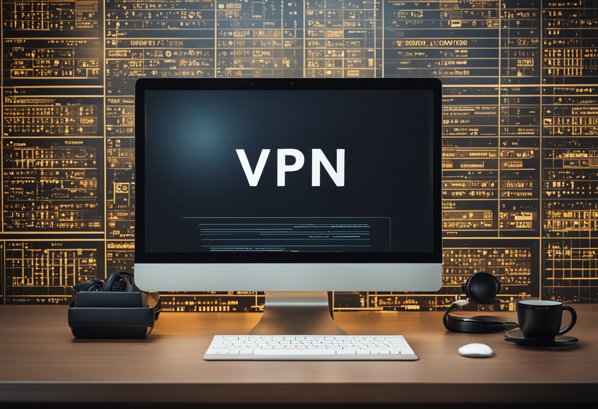 A computer surrounded by various paid and free VPN options, with their logos and names displayed on the screen