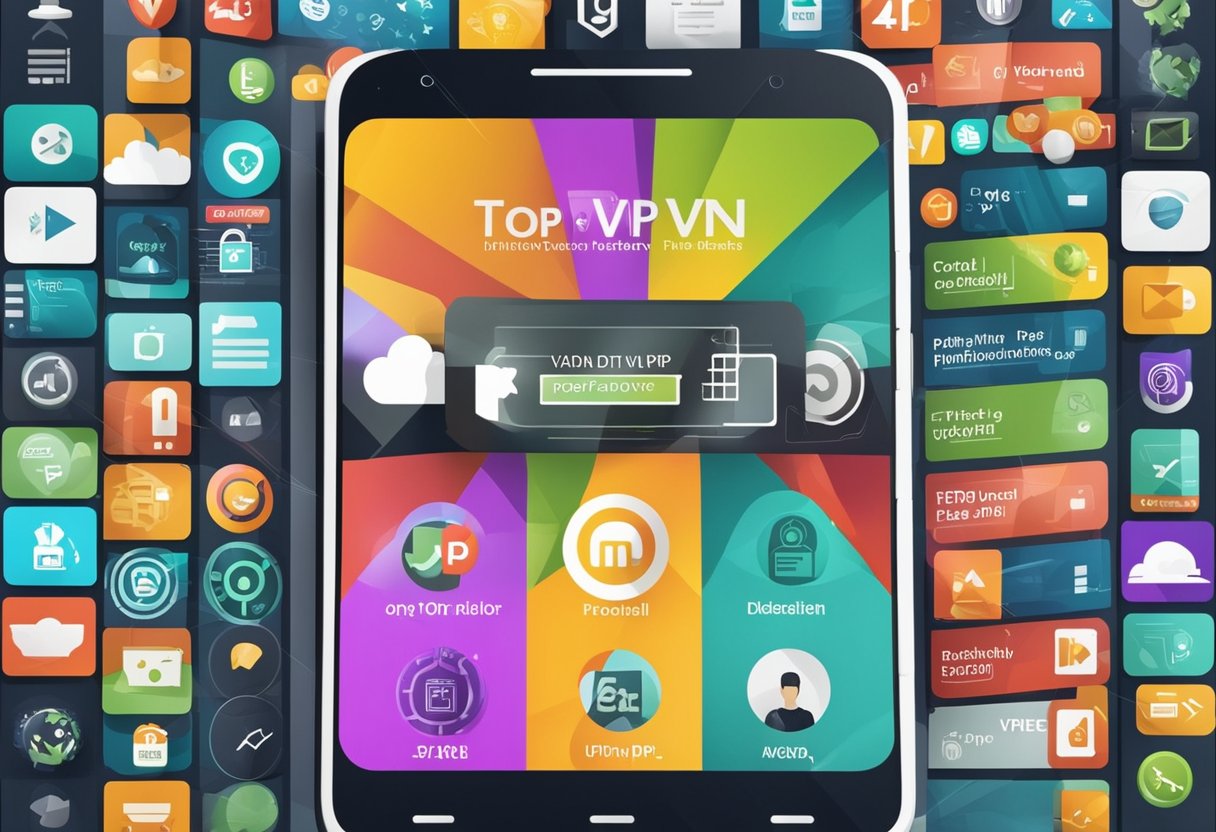 A smartphone displaying a list of top free and paid VPN apps for Android, with colorful icons and ratings