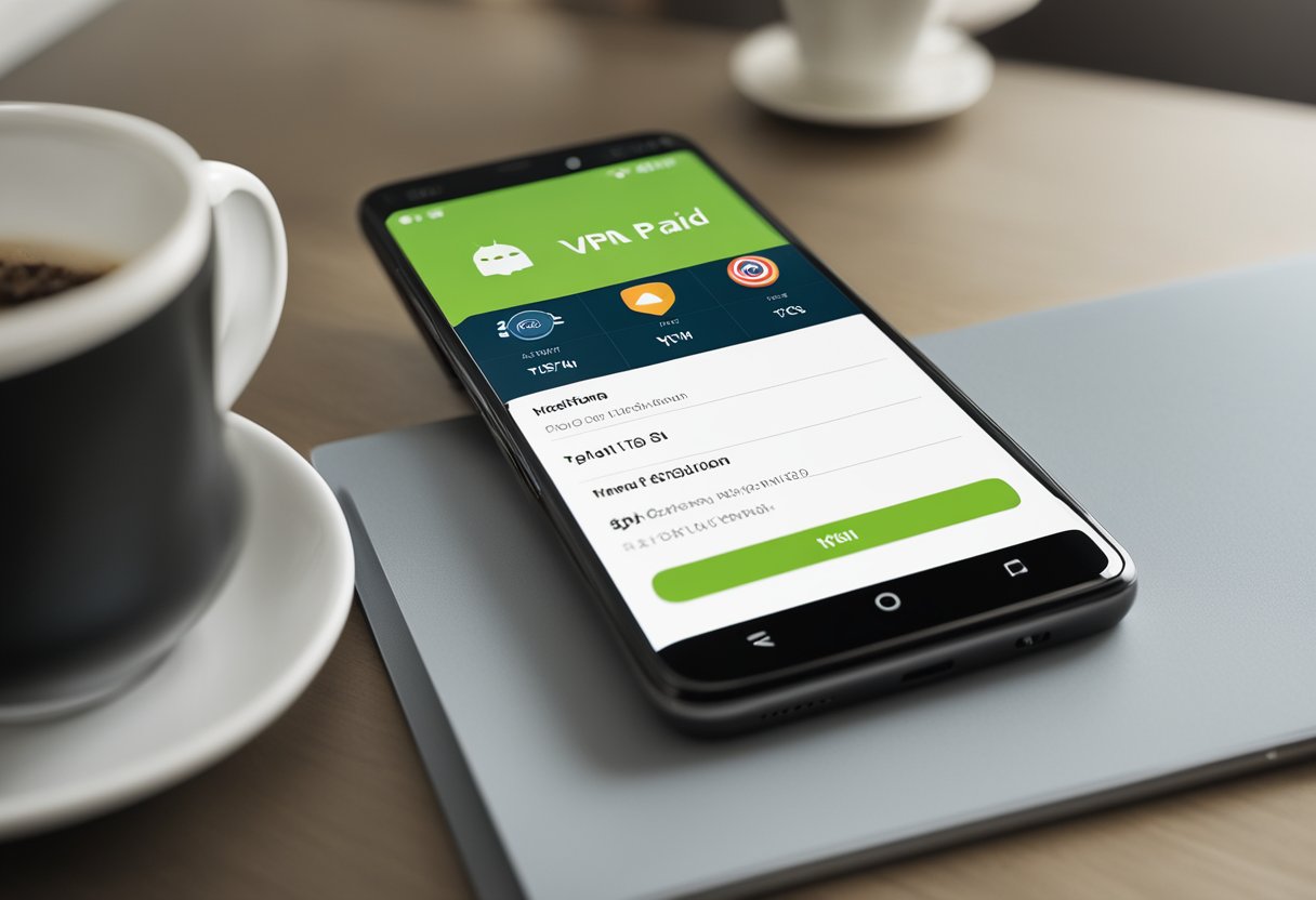 An Android phone with a VPN app open, displaying a list of top paid and free VPN options