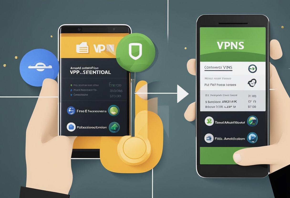 A split-screen comparison of features between free and paid VPNs for Android, with clear labels and icons for each feature