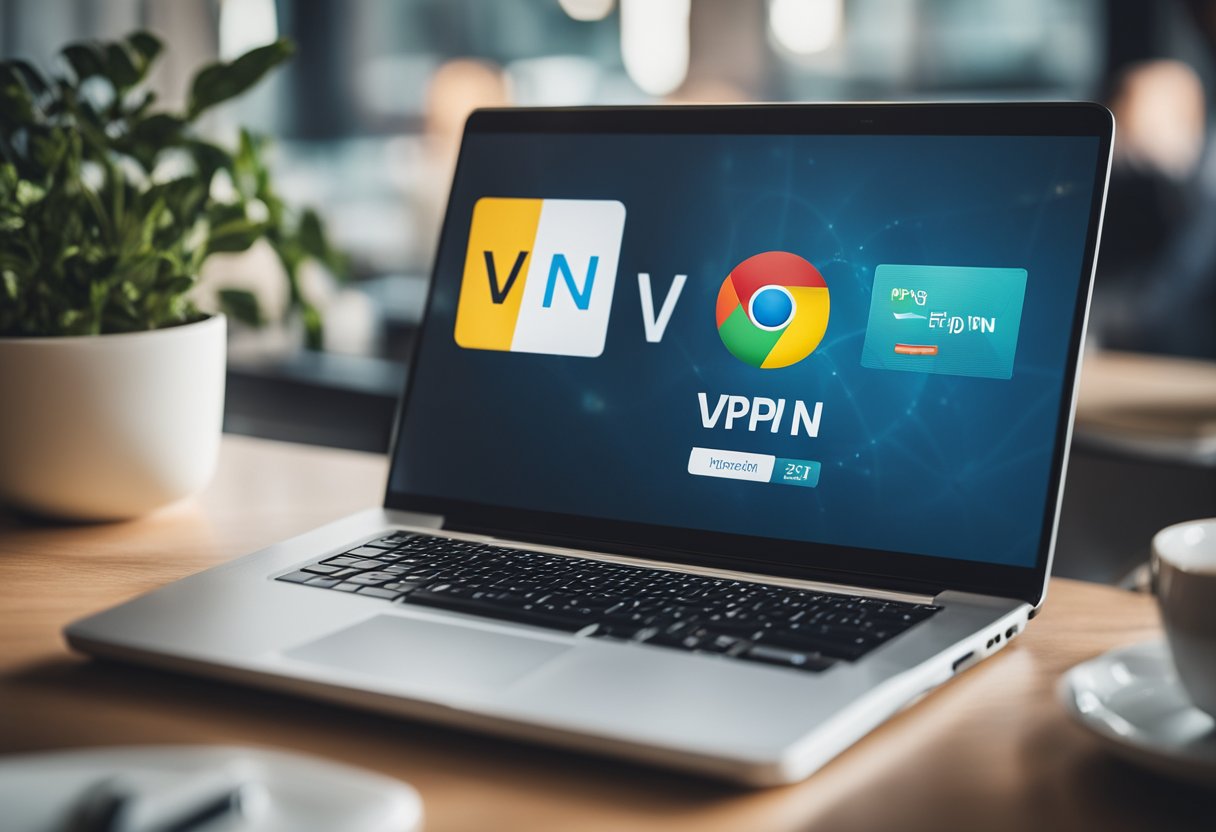 A laptop with the Chrome browser open, showing a selection of paid VPN extensions in the Chrome Web Store