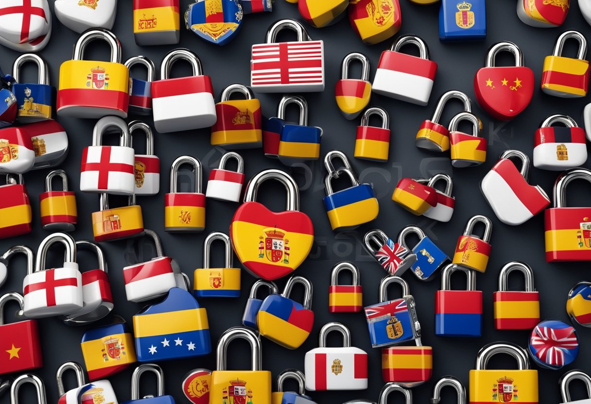 A padlock with the Spanish flag colors, surrounded by digital security symbols and encryption codes