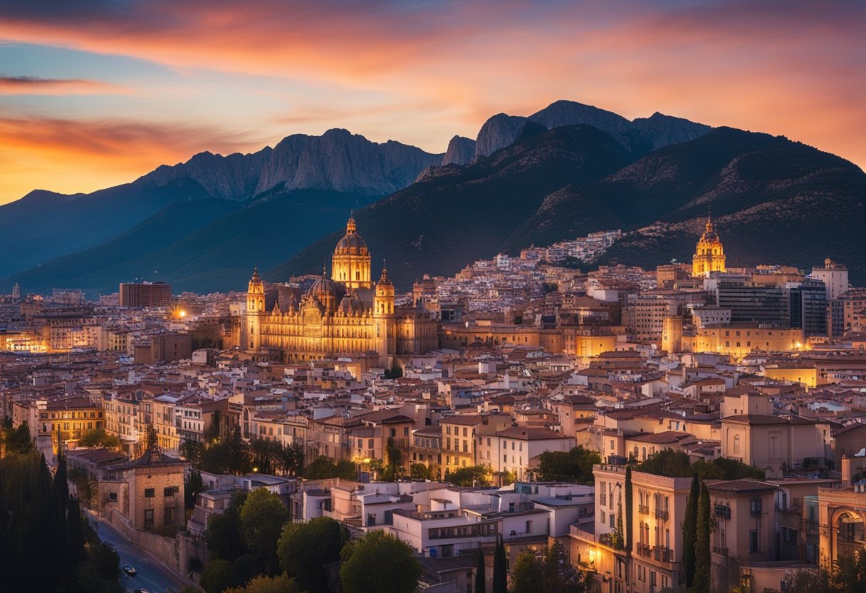 A city skyline with a mix of modern and historic buildings, surrounded by mountains and a vibrant sunset, symbolizing the value and quality of VPN services in Spain