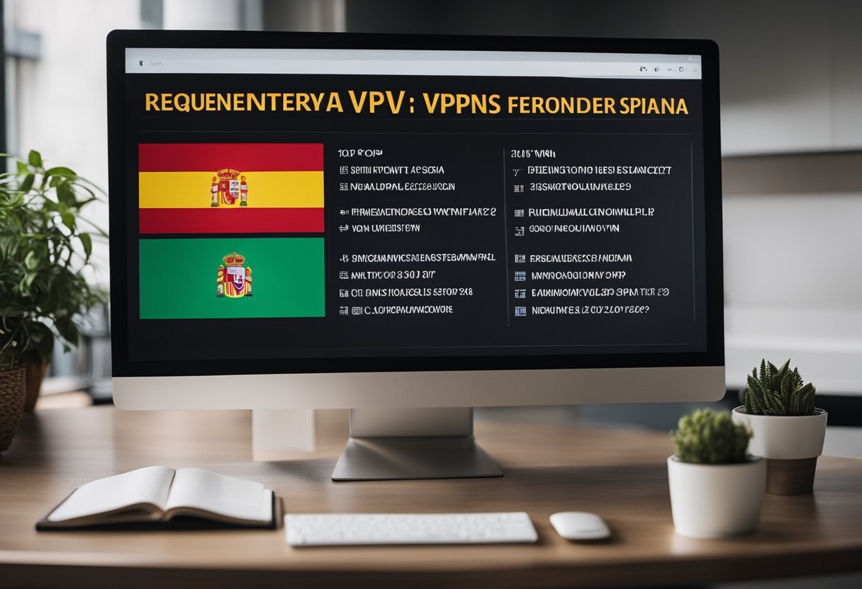 A computer screen displaying a list of top VPNs for Spain in 2024, with the title "Frequently Asked Questions Mejores VPN para España 2024" at the top