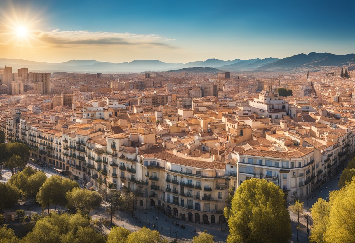 A vibrant Spanish city skyline with a prominent VPN logo hovering above, symbolizing the accessibility of the best free VPN for Spain