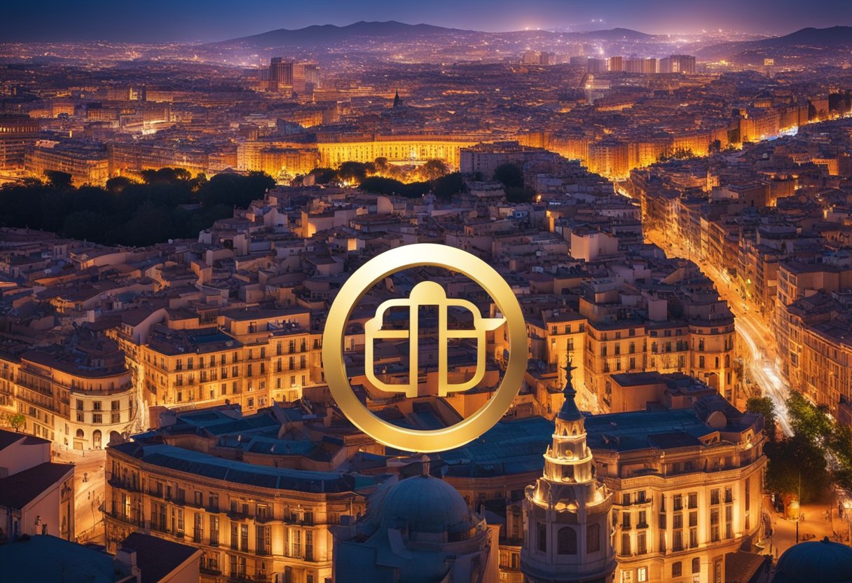 A vibrant cityscape with Spanish landmarks and a glowing VPN symbol hovering above, representing the best free VPN for Spain