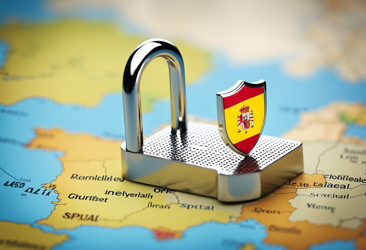 A shielded lock icon hovers over a map of Spain, symbolizing secure and private internet access