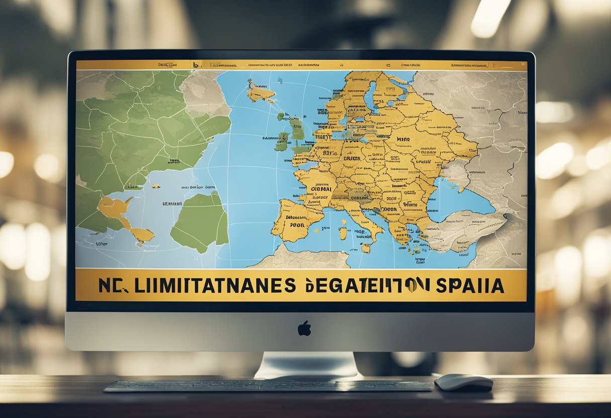 A computer screen displaying a map of Spain with a lock icon and the words "Limitaciones de las VPN Gratuitas Mejor vpn gratuita para España" in bold letters