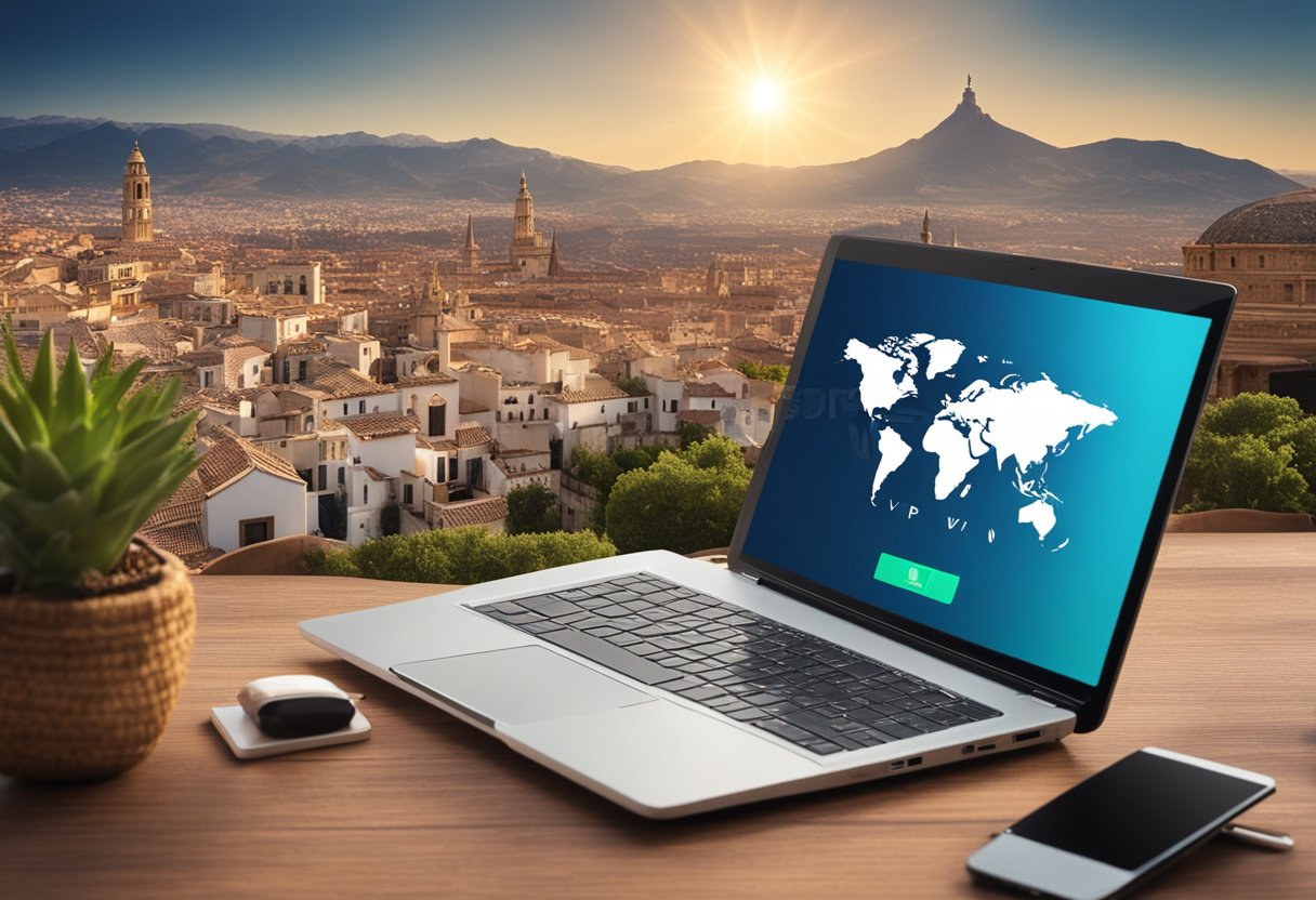 A laptop with a VPN logo on the screen, surrounded by Spanish landmarks and symbols