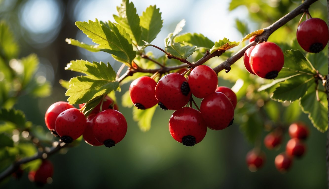 A cluster of bright red hawthorn berries hang from a spiny branch, surrounded by green leaves and bathed in warm sunlight