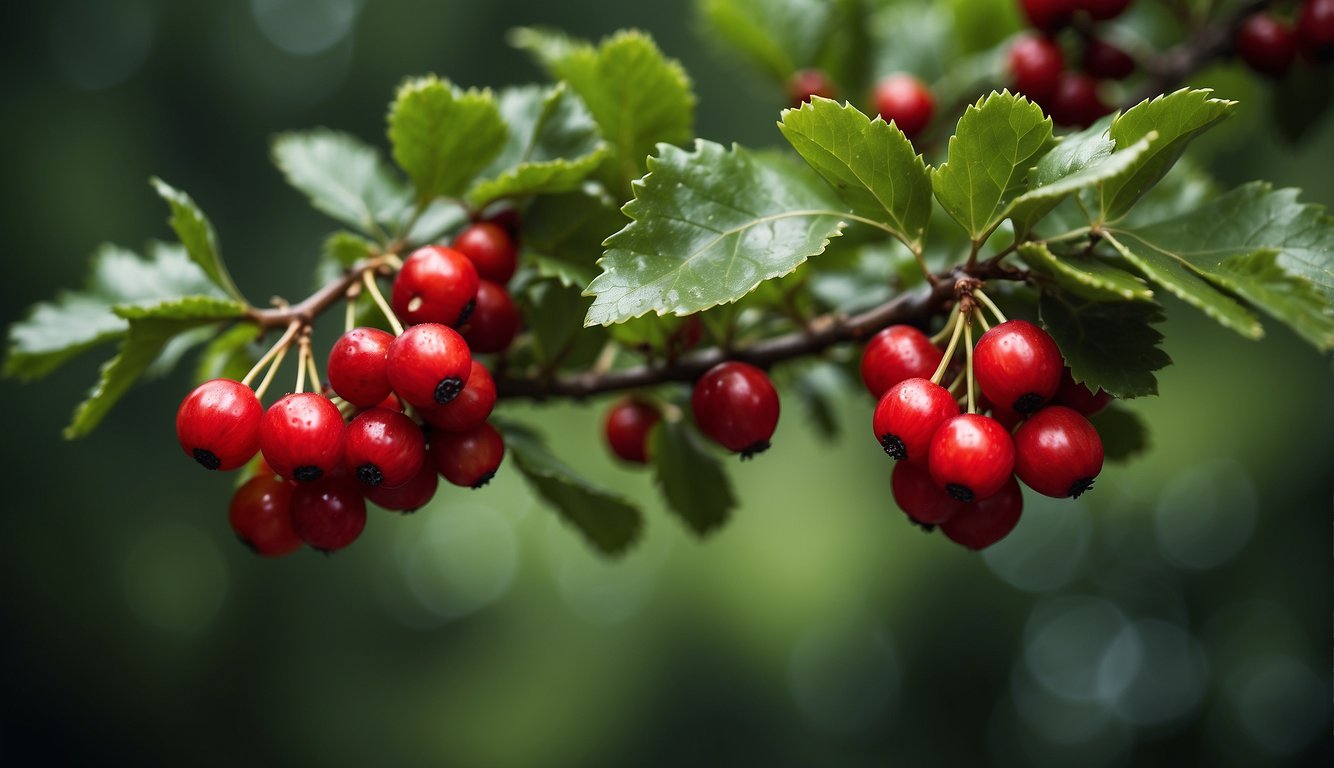 A cluster of red hawthorn berries hangs from a thorny branch, surrounded by lush green leaves and a backdrop of a historical setting