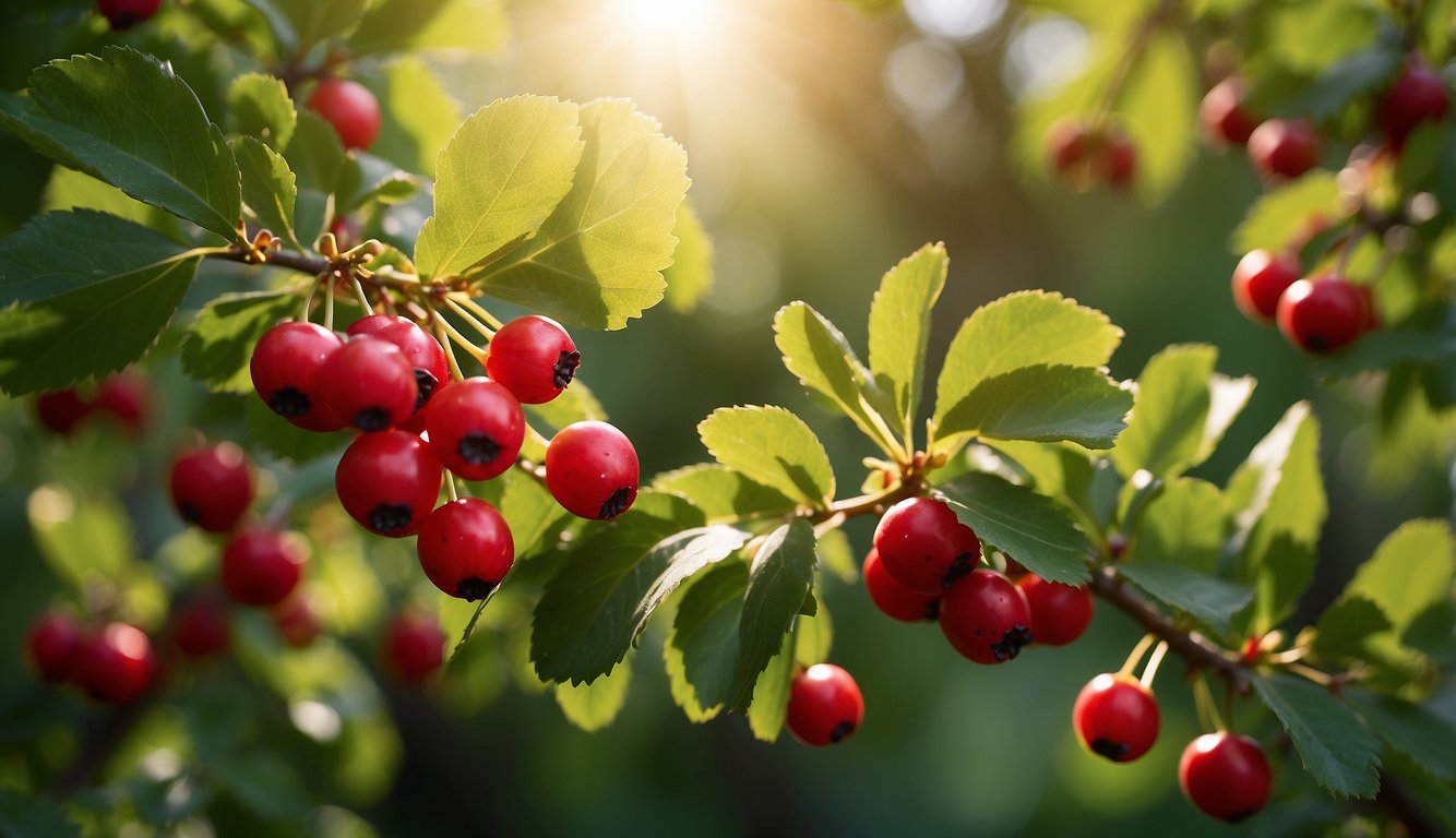 A vibrant hawthorn tree laden with clusters of red berries, surrounded by lush green leaves and bathed in warm sunlight