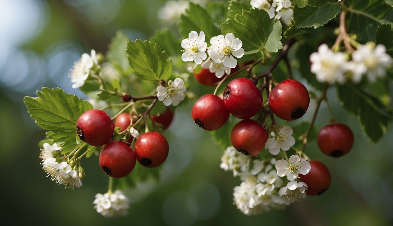 A cluster of hawthorn berries hanging from a branch, surrounded by green leaves and small white flowers