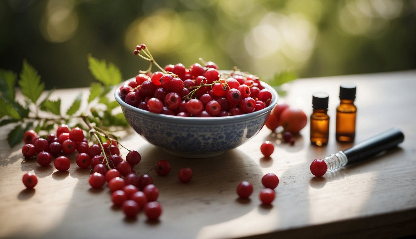 A bowl of hawthorn berries surrounded by various medications