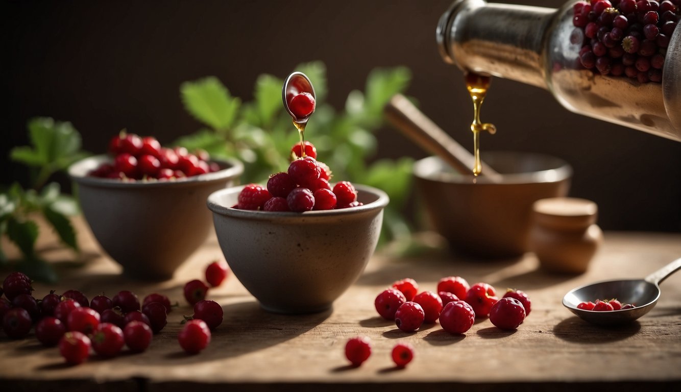 A hand pours hawthorn berries into a measuring spoon, then adds them to a mortar and pestle for grinding. A bottle of hawthorn berry supplement sits nearby