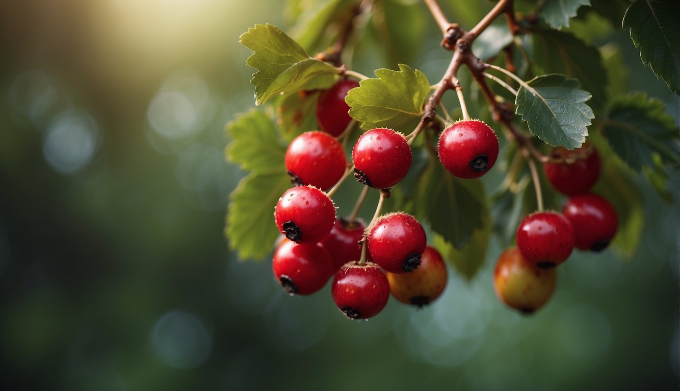 A cluster of ripe red hawthorn berries hanging from a leafy branch, with a few fallen berries on the ground below
