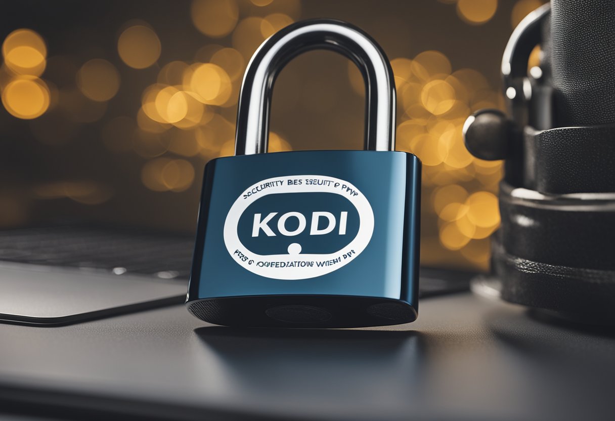 A locked padlock symbolizing security and privacy with a VPN logo and Kodi logo in the background. Text reads "Considerations of security and privacy when using Kodi with VPN. The best free and paid VPNs for Kodi."