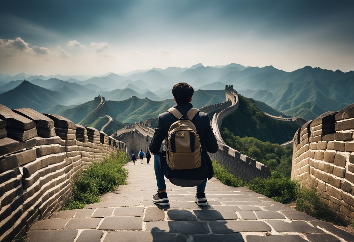 A traveler in China uses a VPN on their device, with the Great Wall in the background, while following tips for optimal usage