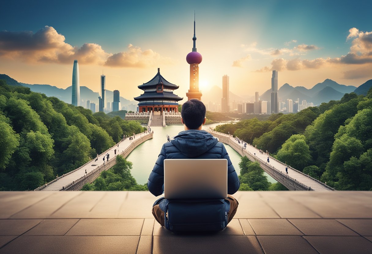 A traveler in China accessing a VPN with a laptop, surrounded by iconic Chinese landmarks and symbols