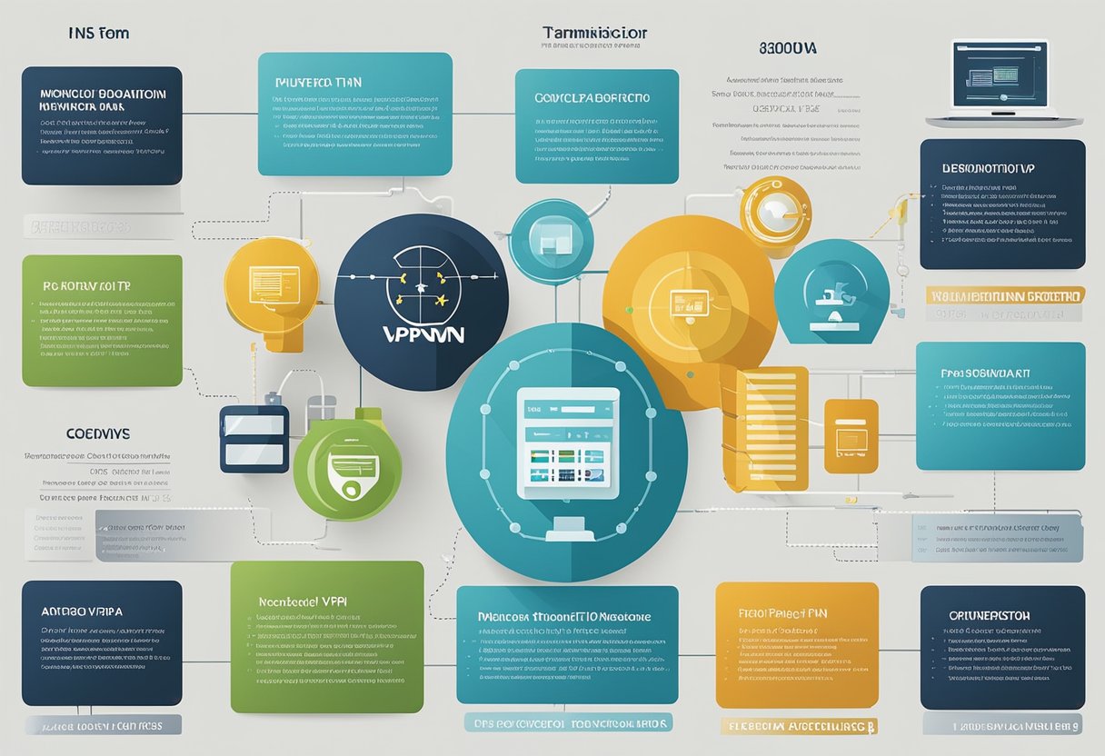 Multiple devices connected to VPN servers, with secure data transmission. Comparison chart showing different protocols and their features