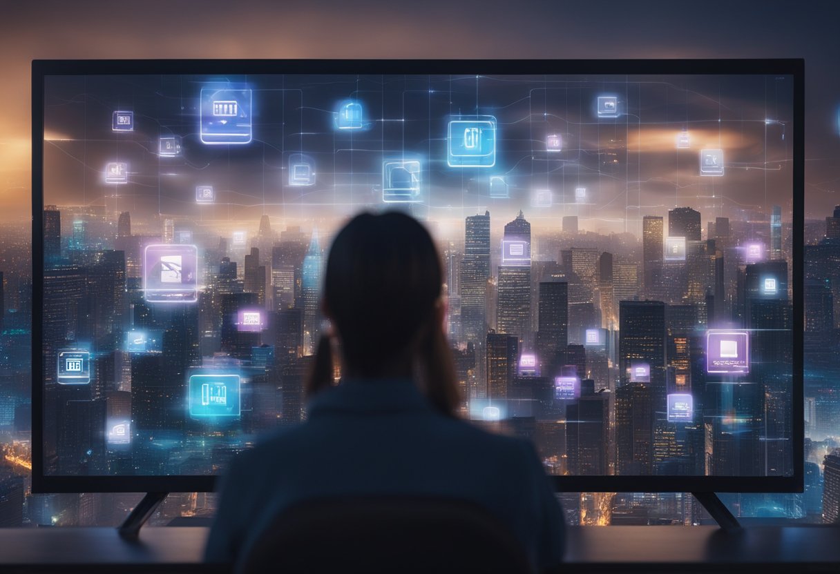 A futuristic city skyline with holographic Netflix logos floating above buildings. A person streaming Netflix on a transparent screen in their smart home