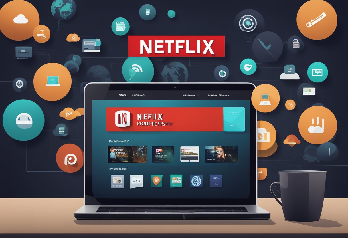 A laptop displaying Netflix with a VPN selection screen. A list of top VPN options for Netflix in 2024 is visible on the screen