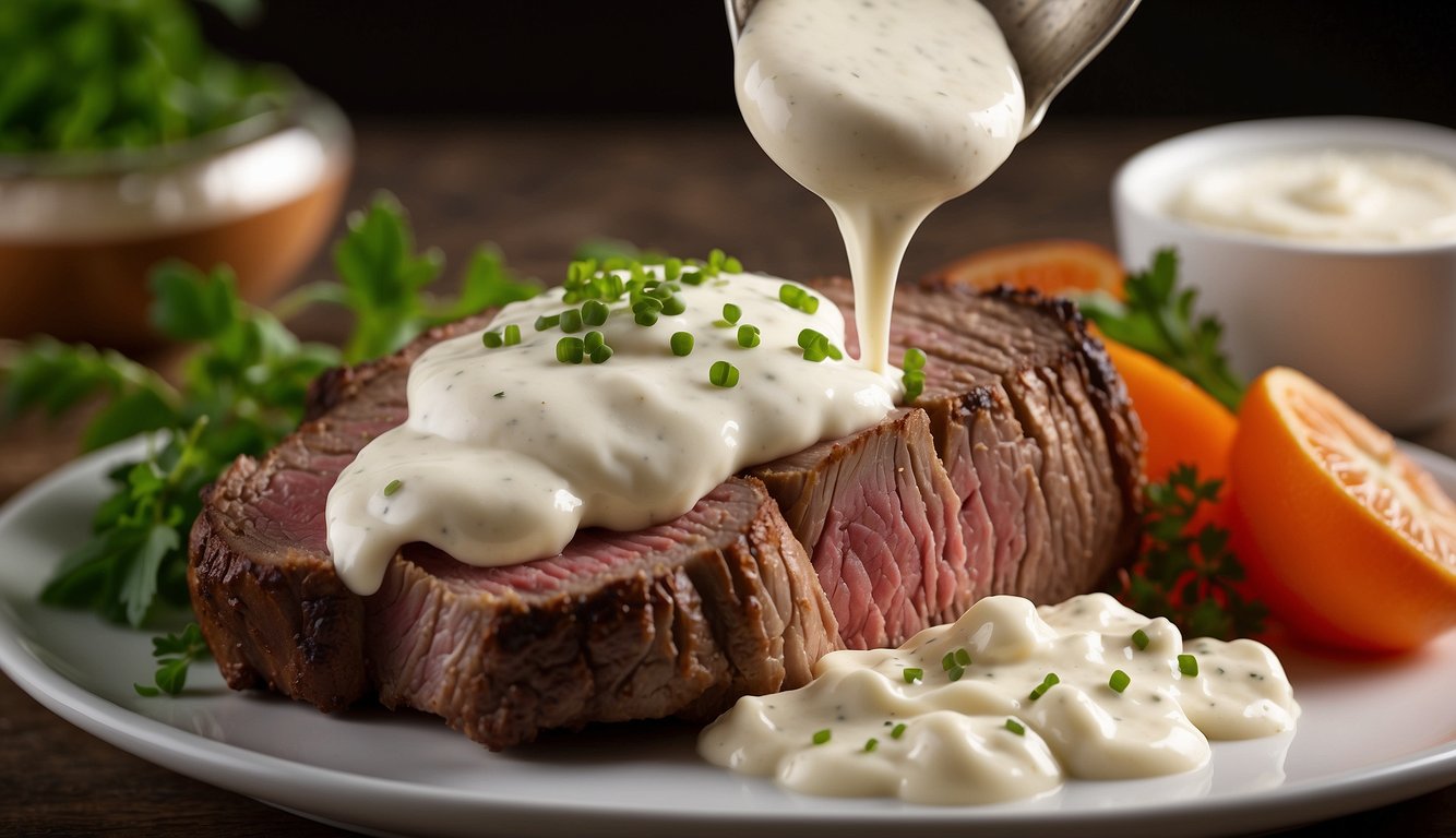 A dollop of creamy horseradish sauce is being spread over a juicy prime rib, creating a delectable and flavorful topping