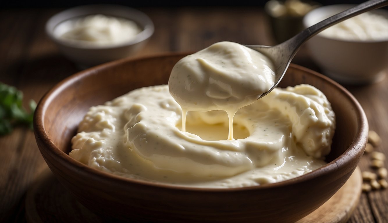 A bowl of horseradish sauce being stirred with heavy cream