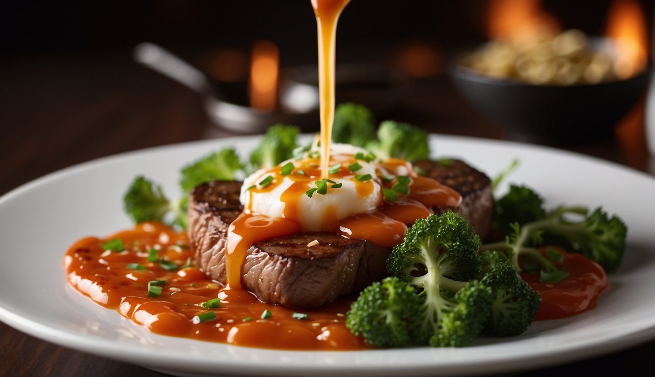 A dollop of horse radish sauce is being spread over a sizzling steak