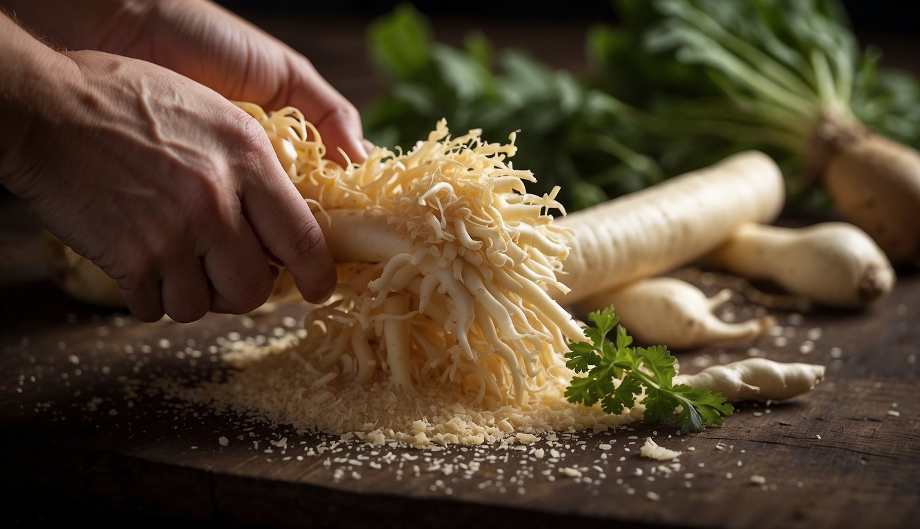 A hand reaches for a fresh horseradish root, peeling and grating it for use in a recipe