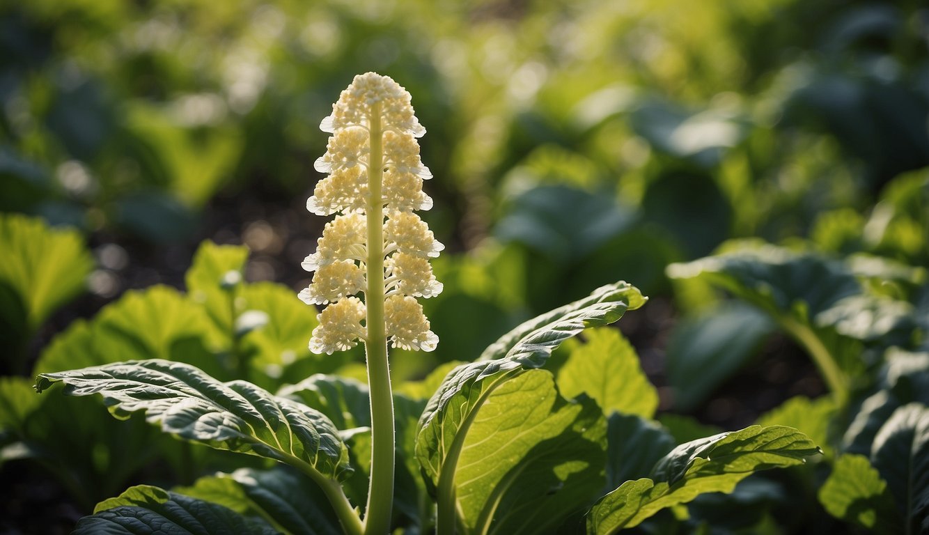 A vibrant horseradish plant grows tall, with broad green leaves and long, white roots bursting with spicy flavor. Surrounding it are colorful fruits and vegetables, highlighting its importance in health and nutrition