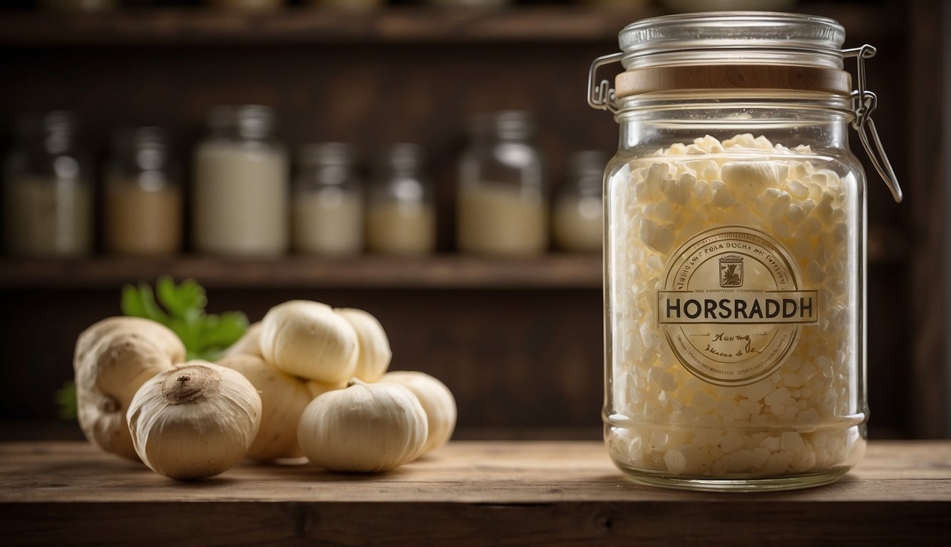 A glass jar of horseradish sits on a wooden shelf, sealed tightly to preserve its freshness. The label indicates the date of storage
