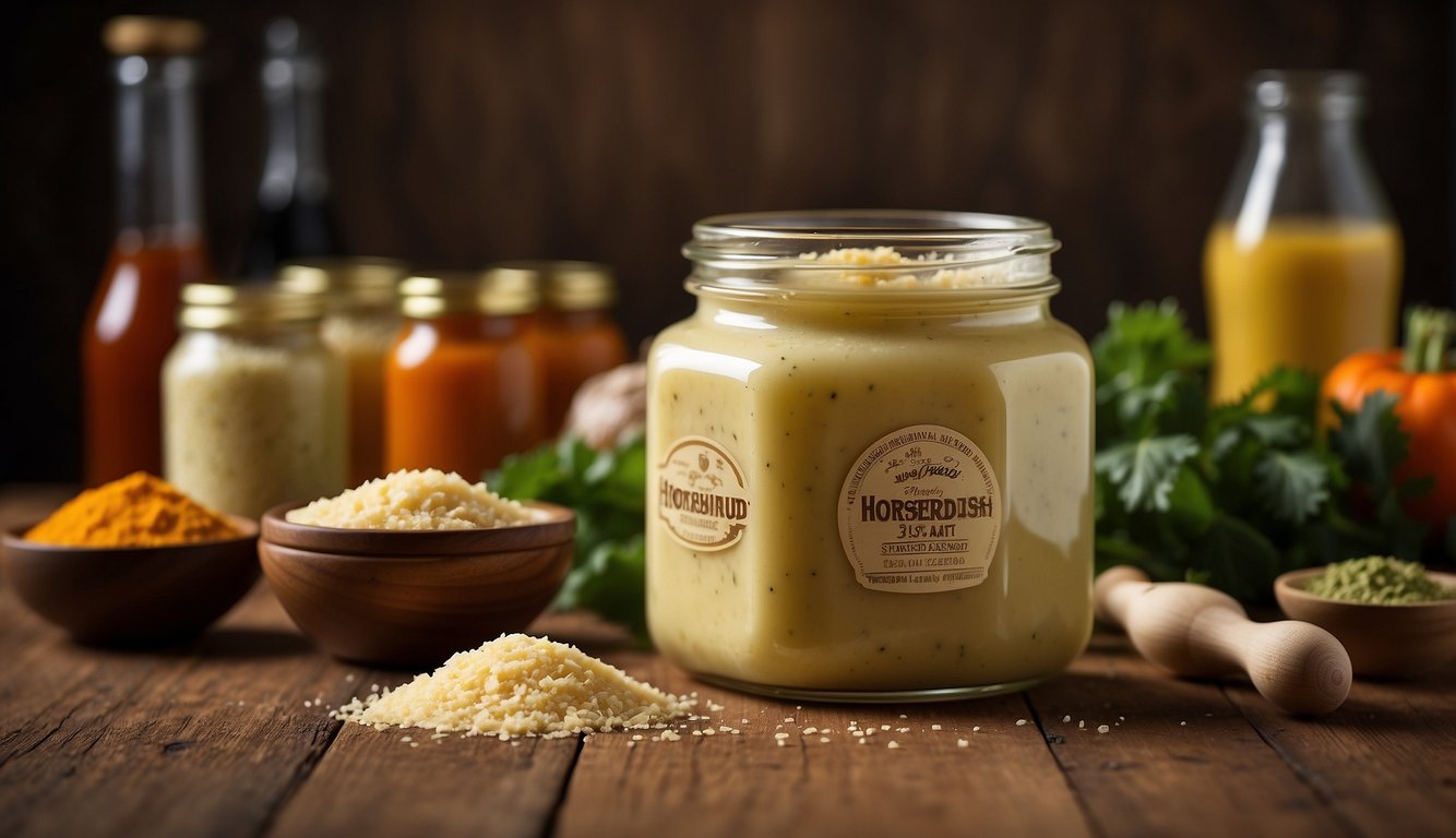 A jar of horseradish sits on a wooden table surrounded by various substitute options like mustard, wasabi, and hot sauce