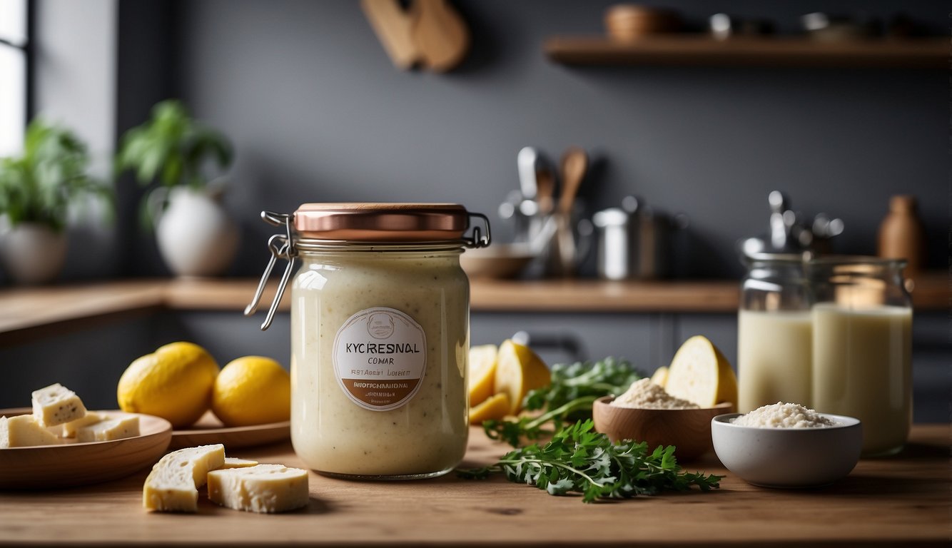 A modern kitchen with a jar of artisanal horseradish, surrounded by trendy ingredients and sleek cooking utensils